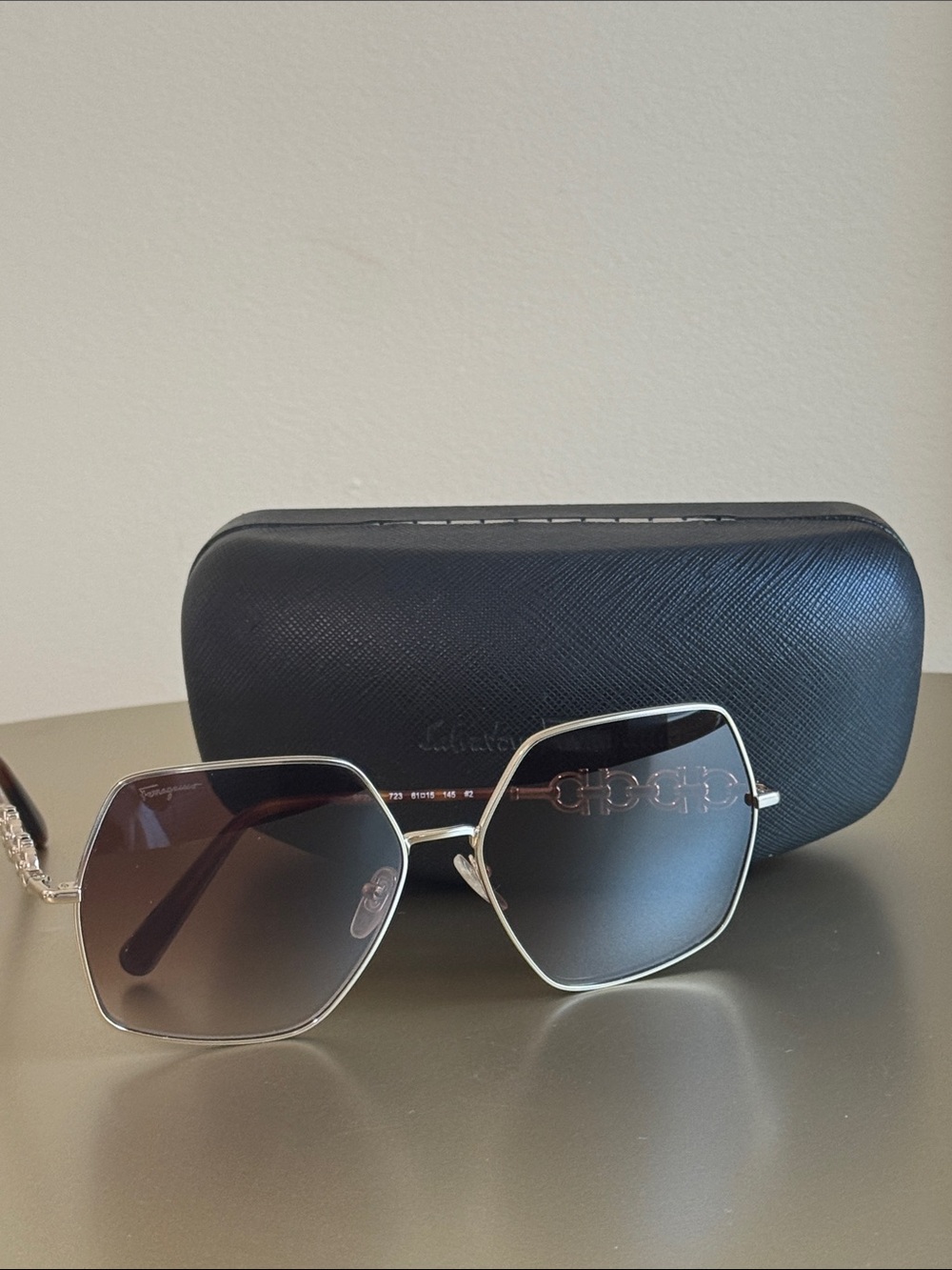 Salvatore Ferragamo Silver Frame Sunglasses with Brown Gradient Lenses